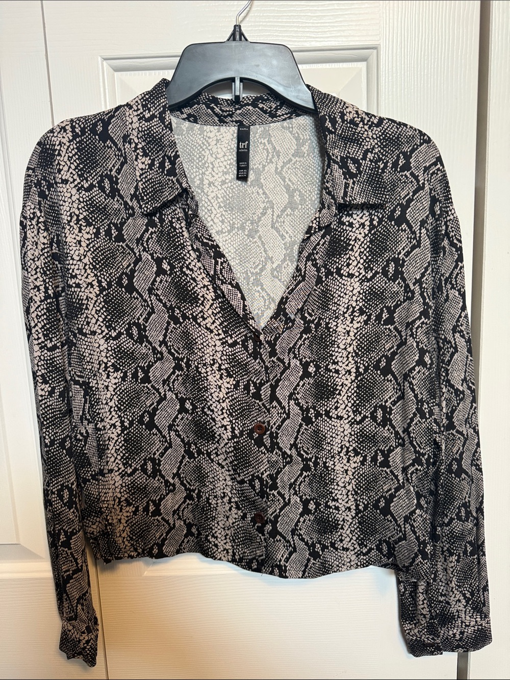 Zara Black and Cream Snake Print Button-Front Blouse Jacket